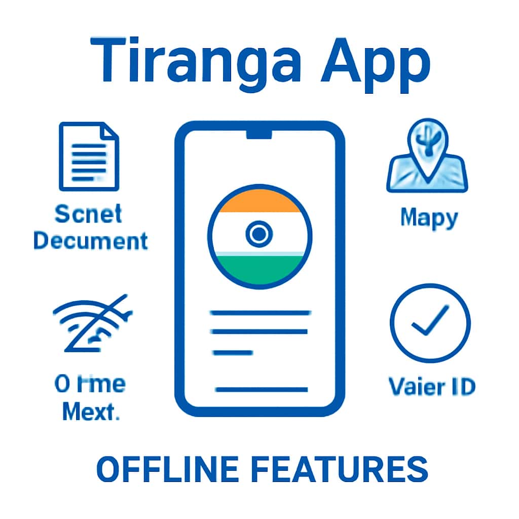 An educational diagram on Tiranga App's offline features.