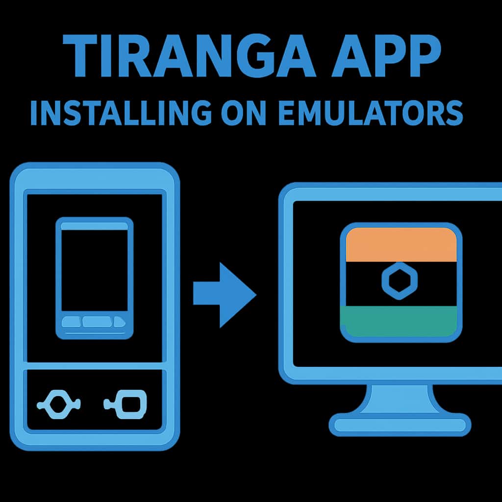 Illustration detailing steps for installing the Tiranga App on emulators.